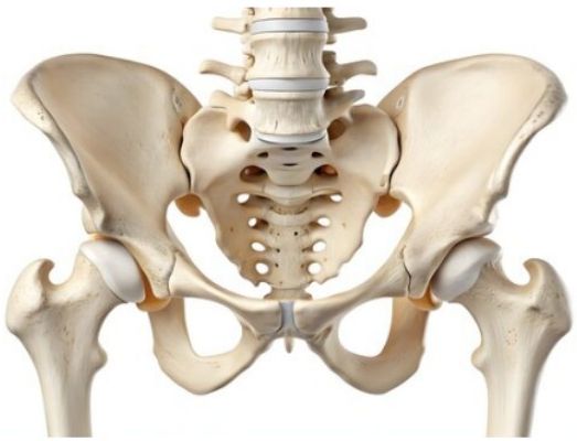 Anatomical illustration of the pelvic bone and femur heads forming the hip joint
