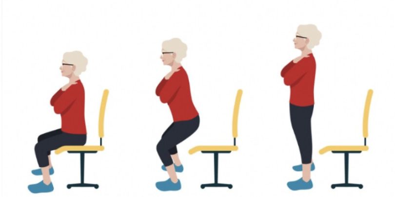 Older woman demonstrating the chair stand test in three positions