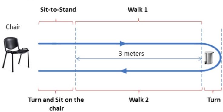 Diagram of the Timed Up and Go test: sit-to-stand, walk 3 meters, turn, walk back, sit